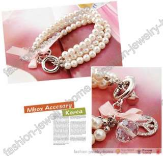 Fashion glass pearl crystal Peace symbol 3 line charm bracelet  