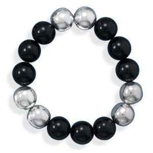   Black Onyx and Sterling Silver Bead Bracelet 925 Chunky Heavy Jewelry