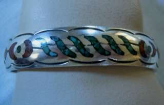   Secatero Inlaid Turquoise and Red Coral Sterling Silver Cuff Bracelet