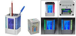 Blue Desk Digital Clock Pen Holder w Thermometer  