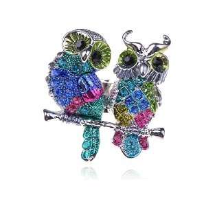   Bright Colorful Green Enamel Eyes Costume Twin Owl Couple Lovers Ring