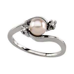  14K White Gold Cultured Pearl & Diamond Ring: Jewelry