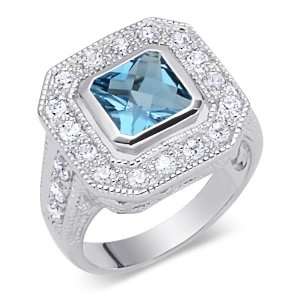  Cut Checker Board London Blue Topaz & White CZ Size 7 Gemstone Ring 