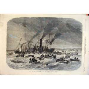  River Thames Gale Storm Boats Ship Boat Old Print 1865 