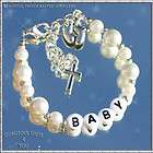 Personalised Any Name Baby Feet Cross Girls Pearl Christening Bracelet 