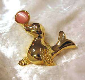 Gold Tone Seal Pin Brooch Pink Moonglow  