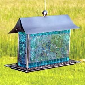   Recycled Glass Mosaic Blue Barn Bird Feeder Patio, Lawn & Garden