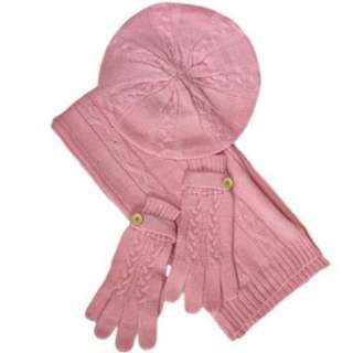  Cable Knit Baby Pink Beret Hat Scarf & Glove Set Clothing