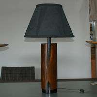  modern table lamp laminated wood cylindrical base black fabric shade 