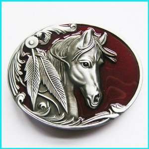  Single Horse Head Western Style With Feathers Belt Buckle 