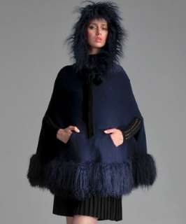 Red Valentino navy wool sheep fur trim hooded cape   