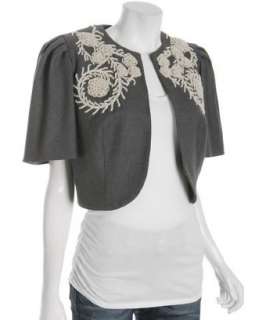 Lela Rose grey wool floral embroidered cropped jacket   up to 