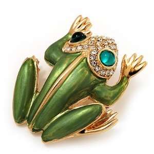  Large Bright Green Enamel Swarovski Crystal Frog Brooch 