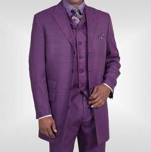 Mens 3 piece 4 Button Fancy Polyester Suit with Vest Plum Color 9515 