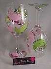 WINE GLASSES Crystal Hand Painted PINK FLAMINGO BUTTERFLY AND DAISY 