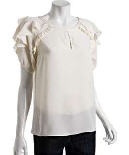 Tibi cream silk ruffle trim crewneck blouse  