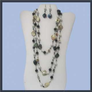 BLACK WHITE ABALONE SHELL PEARL BEAD LONG NECKLACE SET  