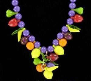 Vintage Plastic Bead Beaded Fruit Salad Charm Necklace  