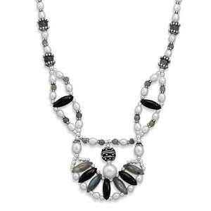   Pearl Necklace Detailed with Black Onyx & Labradorite Stones Jewelry
