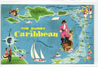 Sunny Caribbean MAP Postcard Haiti Dominican Nevis Saba  