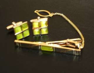 Gold Emerald Tone Cufflinks & Tie Clip Set Wedding Formail Style Free 