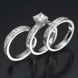  SOLITAIRE REAL DIAMOND WEDDING RING BANDS SET 18K WHITE GOLD  