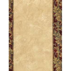  Wallpaper Red Stripe with Gold Acanthus Scroll on Tan Faux 