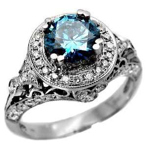   Fancy Blue Round Diamond Ring 14k White Gold Vintage Style Jewelry